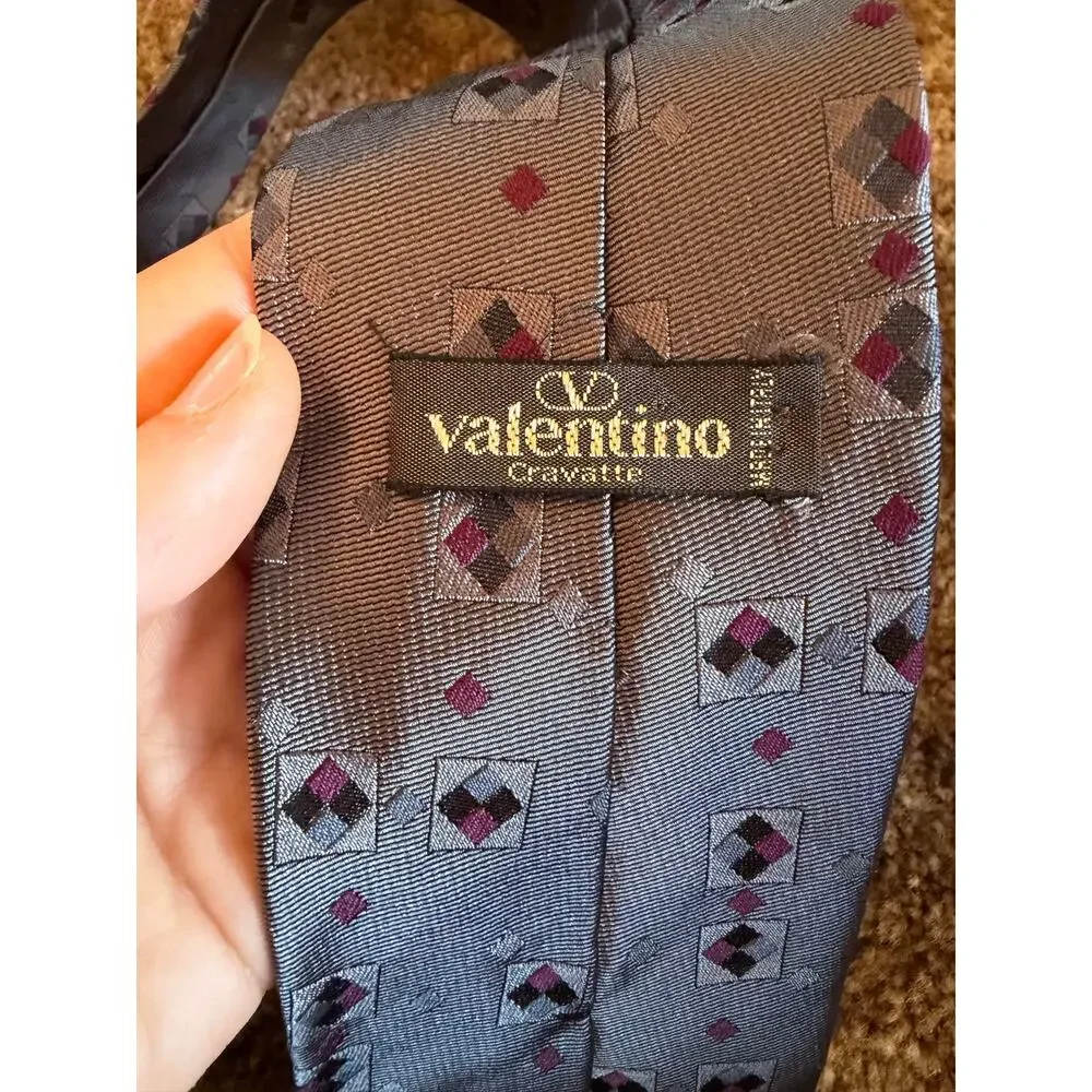 Vintage Valentino Cravatte Men’s Silk Necktie Blue Geometric Print Made in Italy